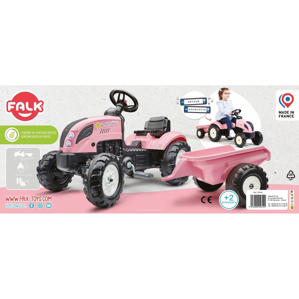 FALK Traktorius Country Star Pink Pedal + priekaba ir ragelis nuo 2 metų.