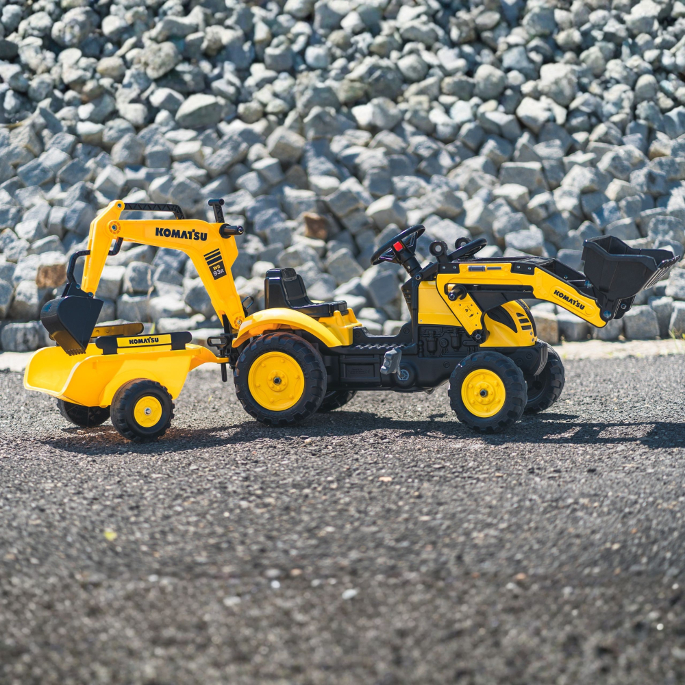 FALK Komatsu Pedal Tractor with Excavator Bucket and Trailer					