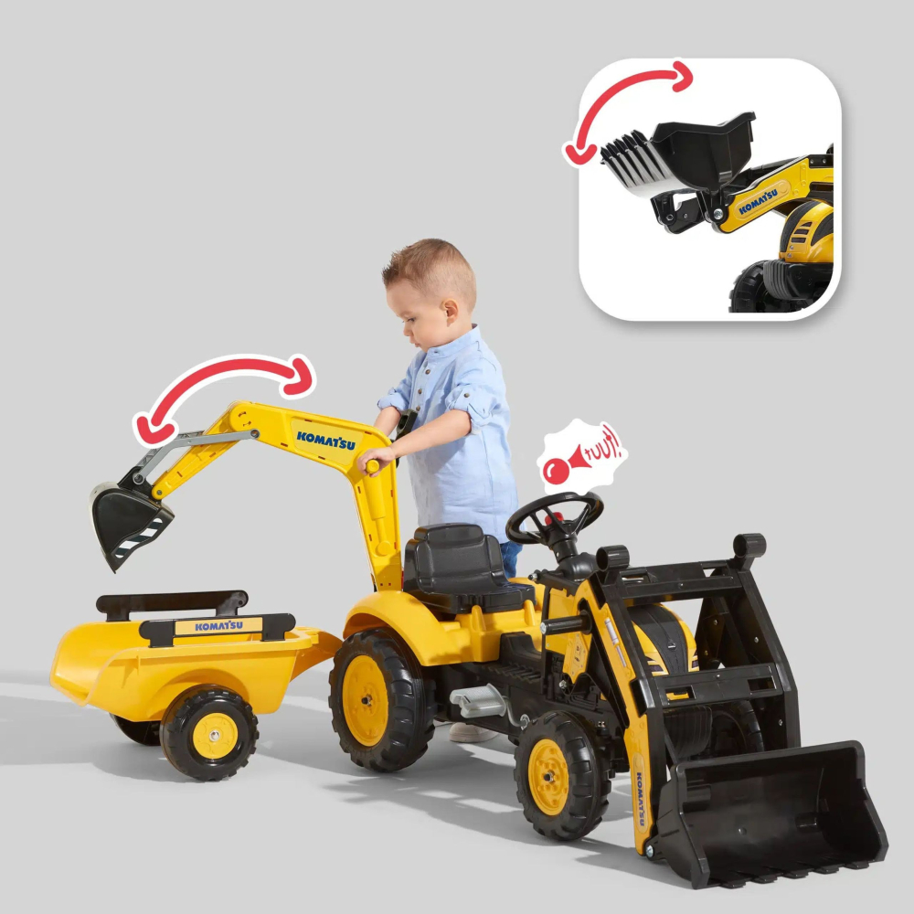 FALK Komatsu Pedal Tractor with Excavator Bucket and Trailer					
