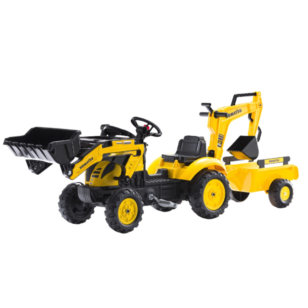 FALK Komatsu Pedal Tractor with Excavator Bucket and Trailer					