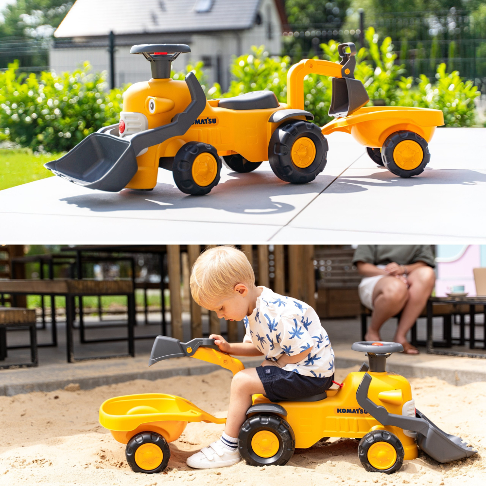 FALK Komatsu Ride-on Tractor with Excavator Bucket and Trailer					