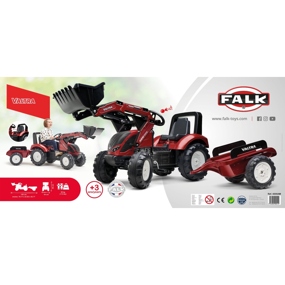 FALK Valtra Maroon Pedal Tractor with Trailer and Bucket from 3 Years 