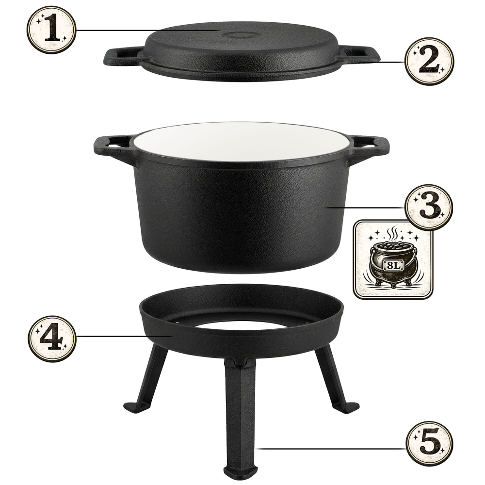 Kociołek żeliwny emaliowany garnek 8l stojący + patelnia grill BD-480 348010