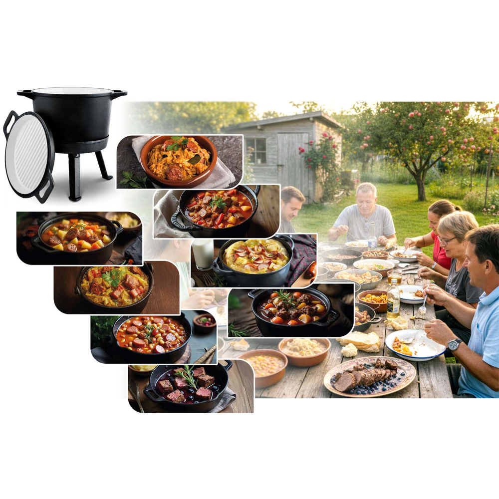 Emaliuotas ketaus puodas su kojele 8 l talpos + keptuvė-grilis BD-480 348010-Namai, laisvalaikis, turizmas, Kepsninės, laužaviet