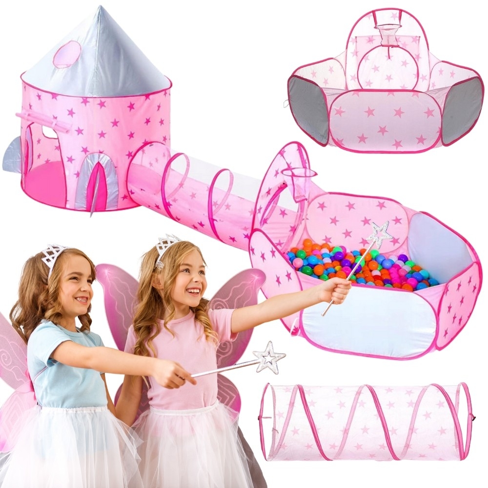 Palapinė WOOPIE 3-in-1 XXL Princesės rūmai namelis-tunelis-sausasis baseinas-Žaislai, Vaikiškos palapinės-e-vaikas