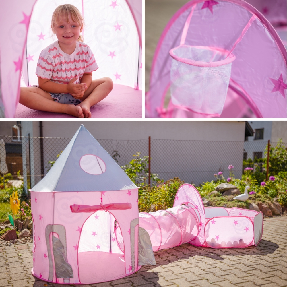 Palapinė WOOPIE 3-in-1 XXL Princesės rūmai namelis-tunelis-sausasis baseinas-Žaislai, Vaikiškos palapinės-e-vaikas