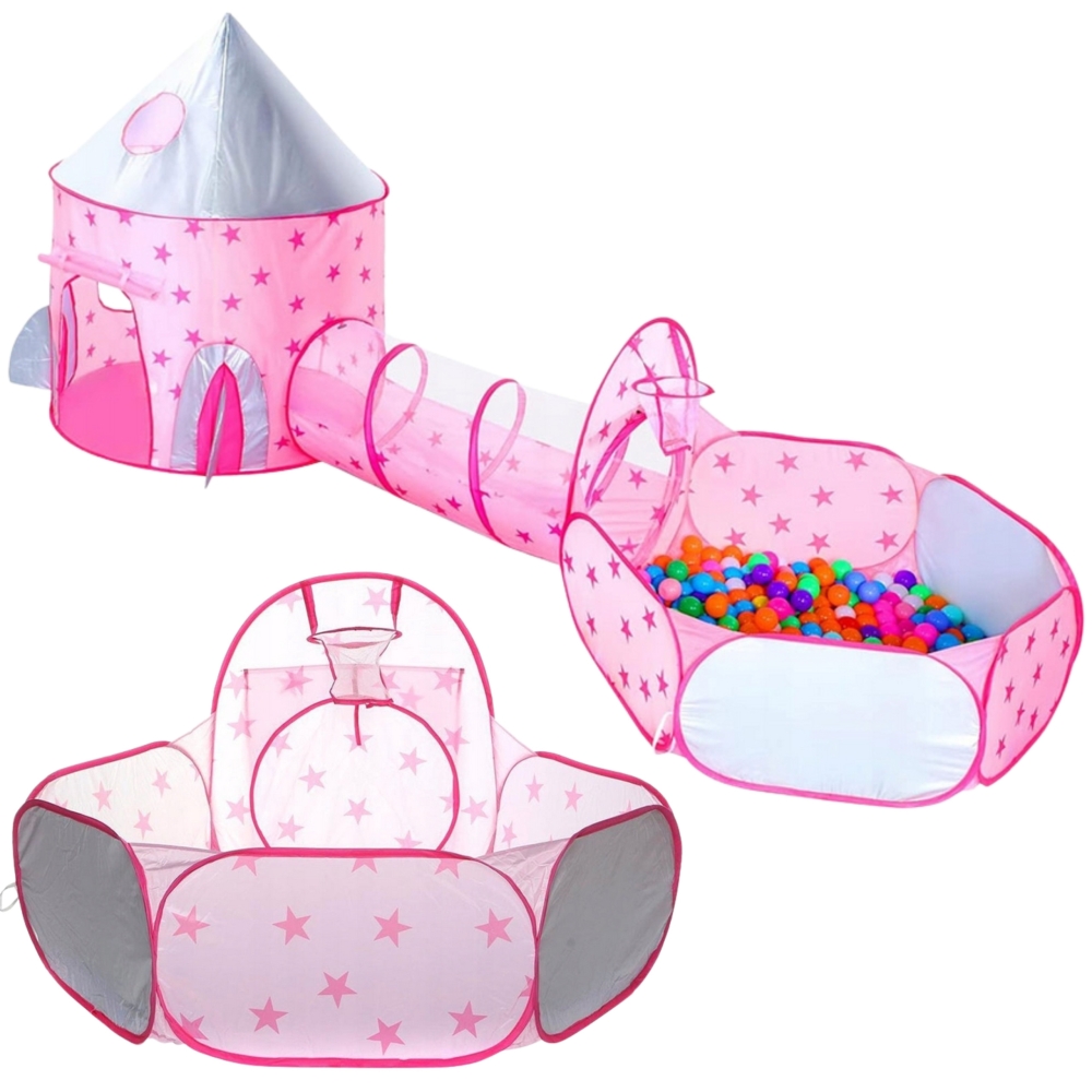 Palapinė WOOPIE 3-in-1 XXL Princesės rūmai namelis-tunelis-sausasis baseinas-Žaislai, Vaikiškos palapinės-e-vaikas
