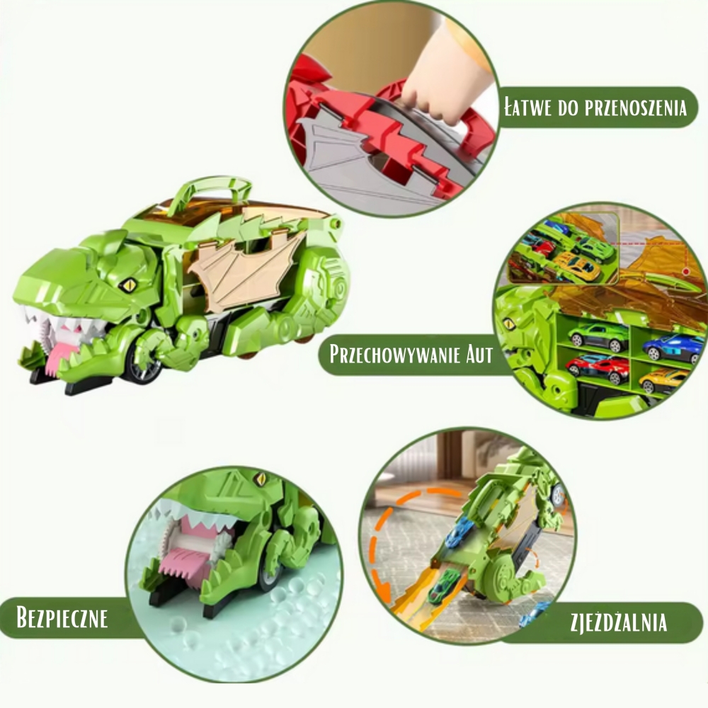 Dinozauro sunkvežimis WOOPIE su transporto priemonėmis, 13 el.-Žaislai, Auto ir transporto žaislai, Garažai, trasos ir kita, Maš