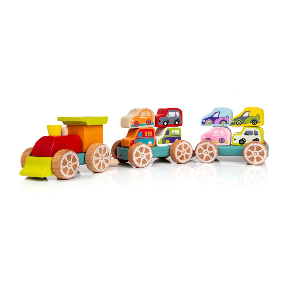  Medinis traukinukas su automobiliais 