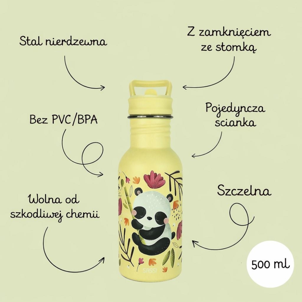 Nerūdijančio plieno vandens gertuvė, 500 ml, SASSI Panda-Maitinimui, Indai, įrankiai, gertuvės, Puodeliai, gertuvės-e-vaikas