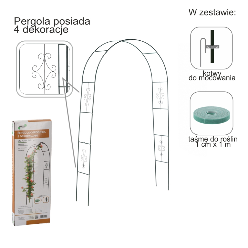 Metalinė sodo arka rožėms, gėlėms, vijokliniams augalams 240 cm žalia
