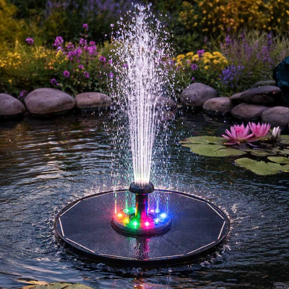 Saulės energija varomas tvenkinio fontanas LUARO, LED RGB, 16 cm
