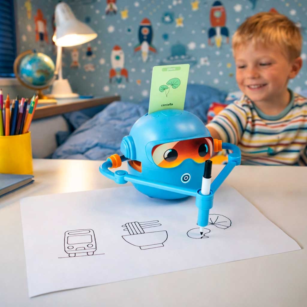 Interaktyvus mokomasis robotas-žaislas, mokantis piešti flomasteriais mėlynos spalvos