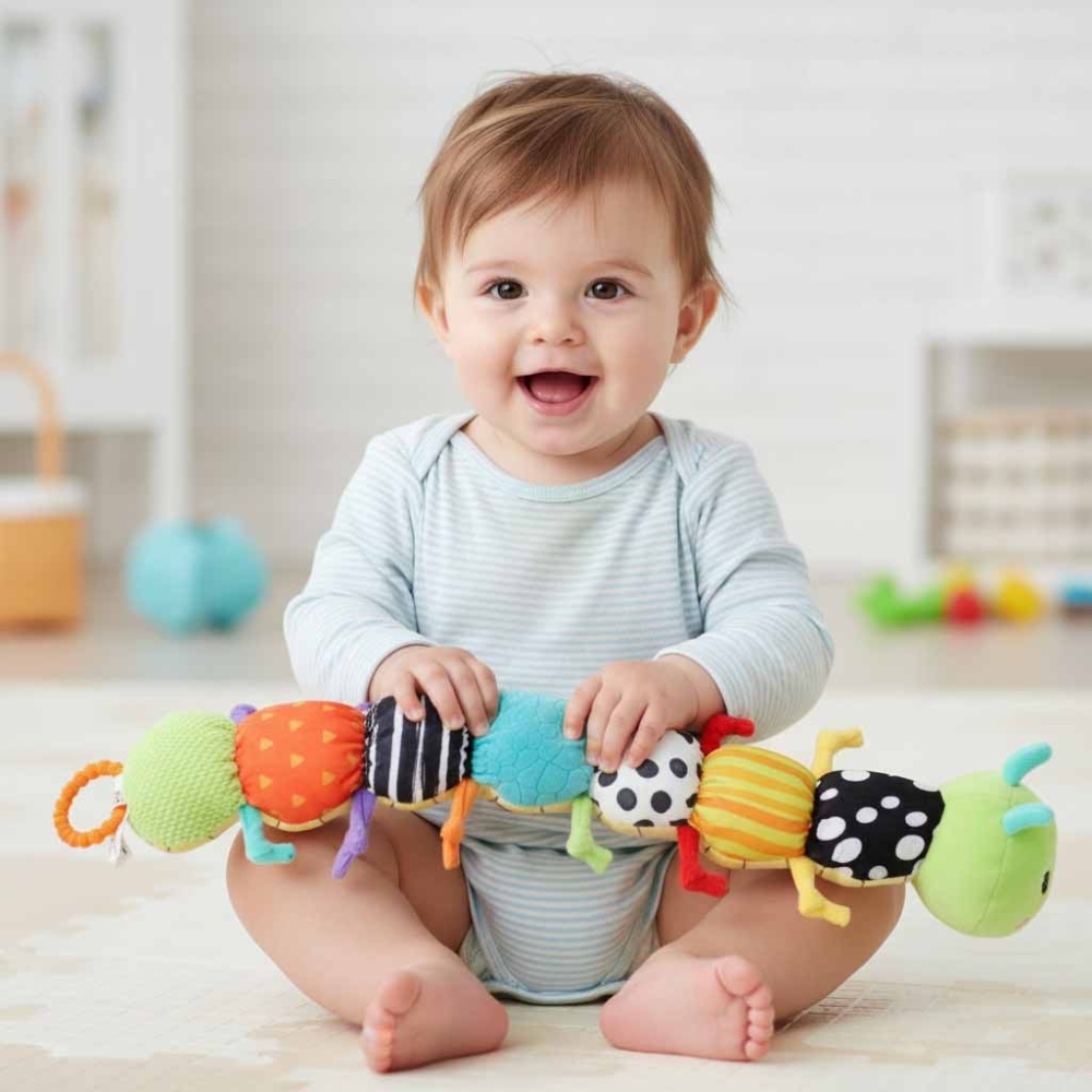 Interaktyvus sensorinis žaislas kūdikiams muzikinis pliušinis vikšras