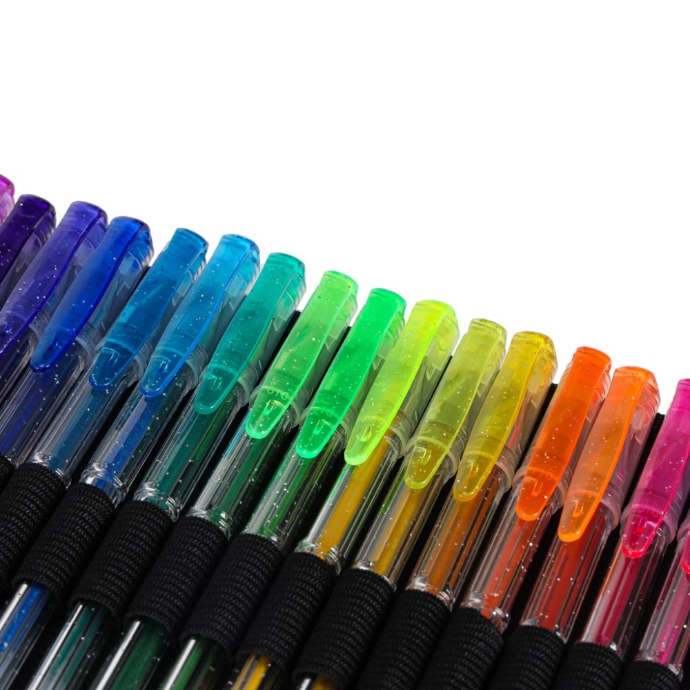 Spalvotų gelinių rašiklių rinkinys dėkle 100 vnt