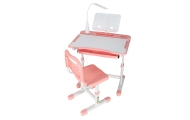 Vaikiškas rašomasis stalas su stalčiumi, kėdė lempa rožinės spalvos