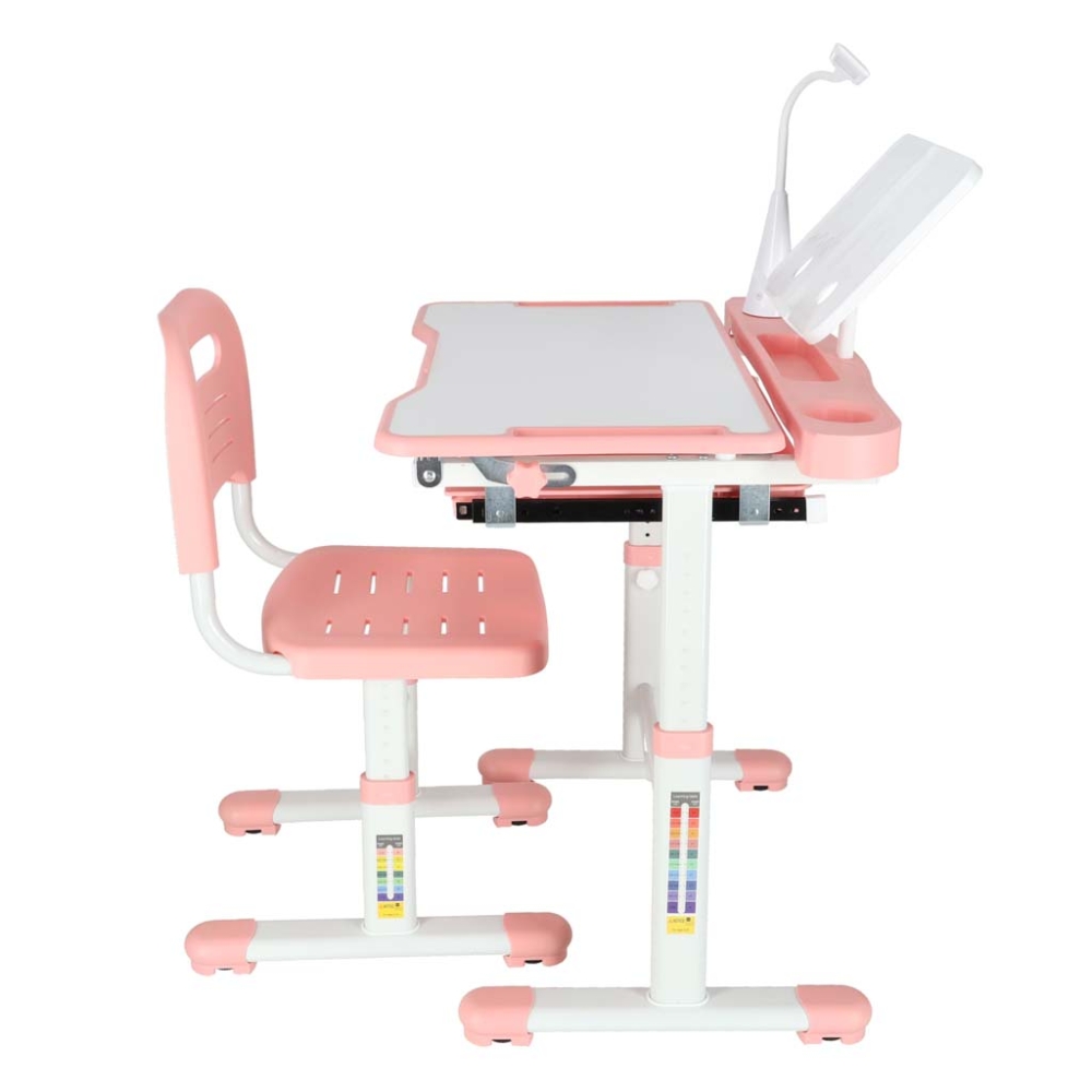 Vaikiškas rašomasis stalas su stalčiumi, kėdė lempa rožinės spalvos