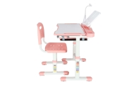 Vaikiškas rašomasis stalas su stalčiumi, kėdė lempa rožinės spalvos