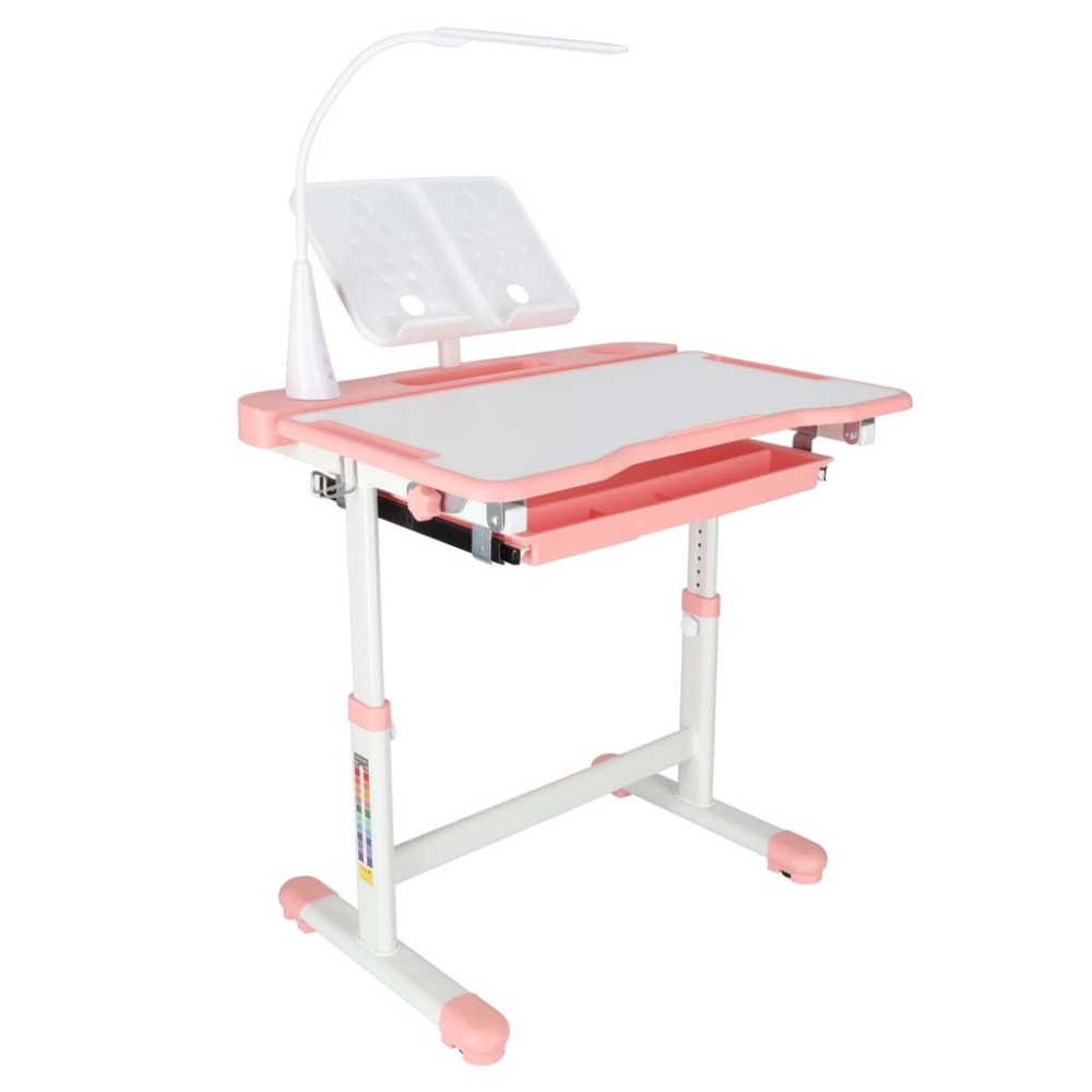 Vaikiškas rašomasis stalas su stalčiumi, kėdė lempa rožinės spalvos