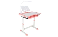 Vaikiškas rašomasis stalas su stalčiumi, kėdė lempa rožinės spalvos