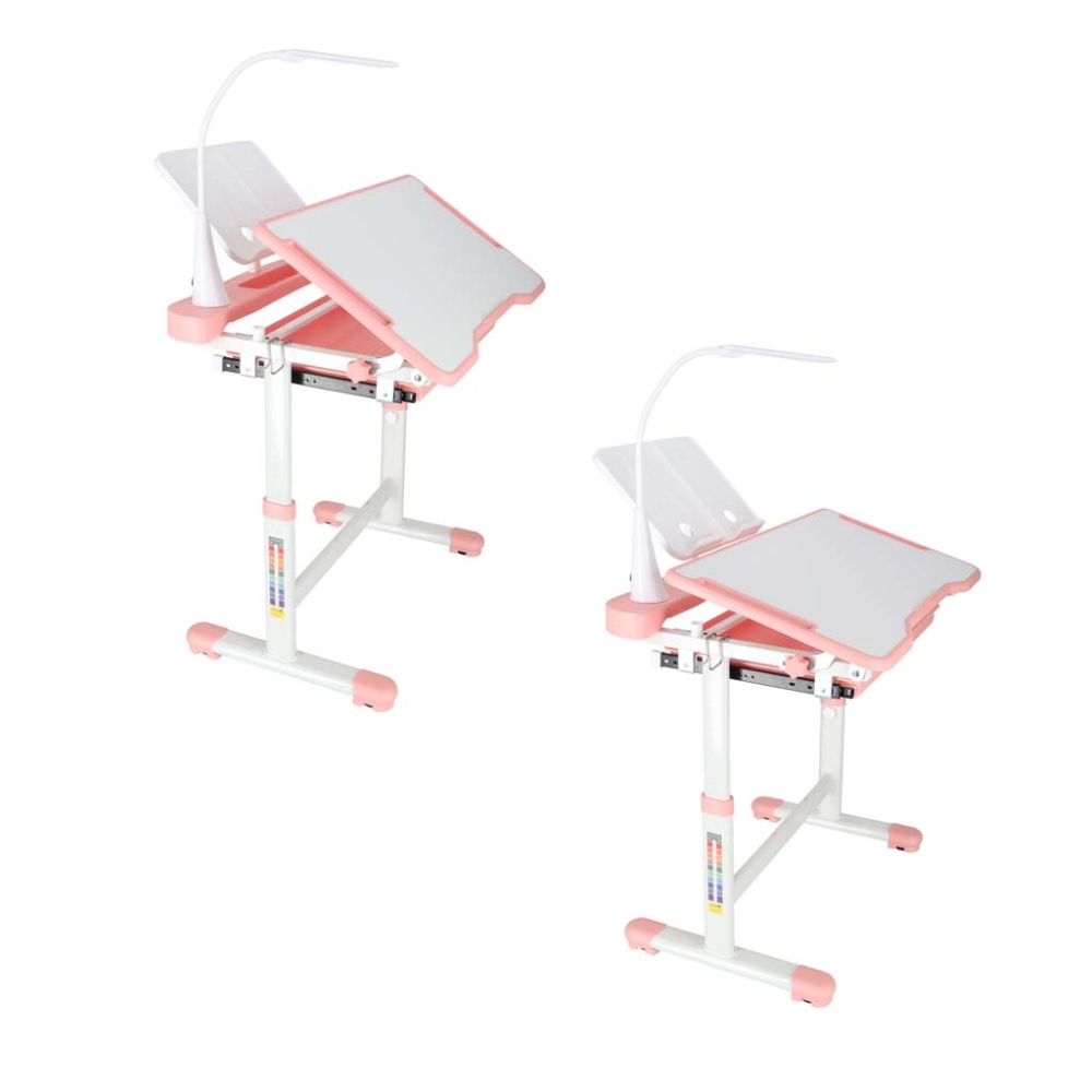 Vaikiškas rašomasis stalas su stalčiumi, kėdė lempa rožinės spalvos