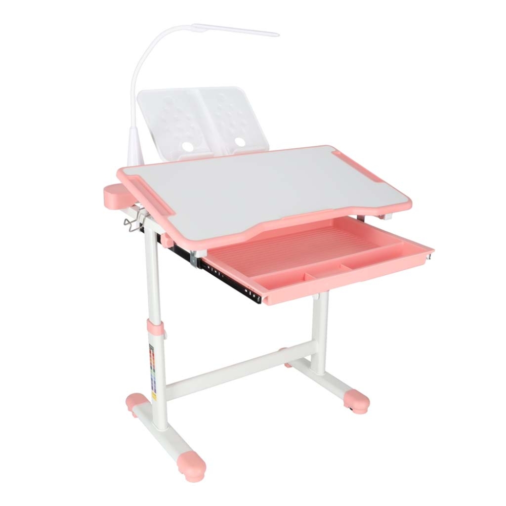Vaikiškas rašomasis stalas su stalčiumi, kėdė lempa rožinės spalvos