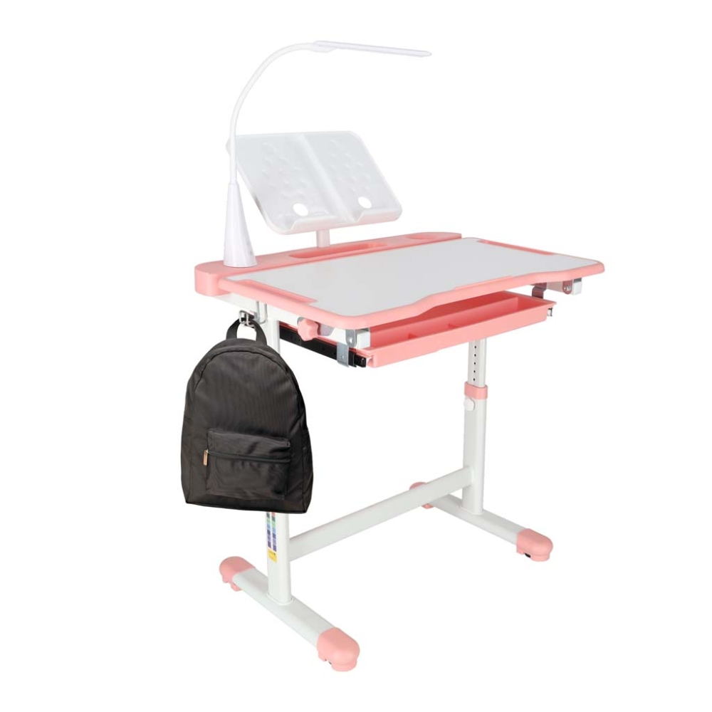 Vaikiškas rašomasis stalas su stalčiumi, kėdė lempa rožinės spalvos