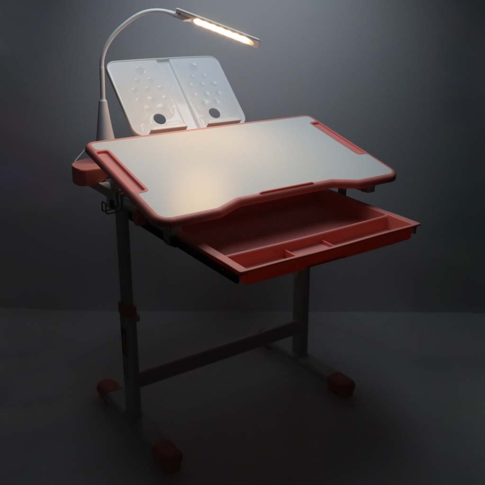 Vaikiškas rašomasis stalas su stalčiumi, kėdė lempa rožinės spalvos