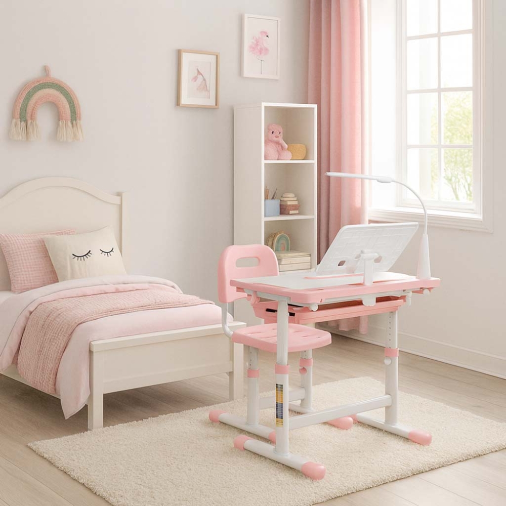 Vaikiškas rašomasis stalas su stalčiumi, kėdė lempa rožinės spalvos