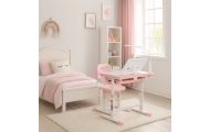 Vaikiškas rašomasis stalas su stalčiumi, kėdė lempa rožinės spalvos