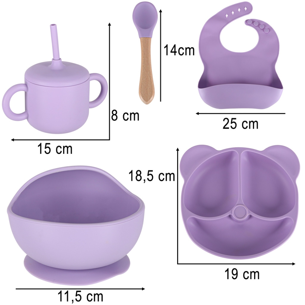 Vaikiškų silikoninių indų rinkinys Meškiukas 8 dalių, violetinės spalvos-Maitinimui, Indai, įrankiai, gertuvės, Indų rinkiniai-e