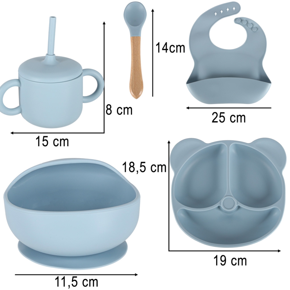 Silikoninių kūdikių indų rinkinys, 8 vnt., mėlynos spalvos