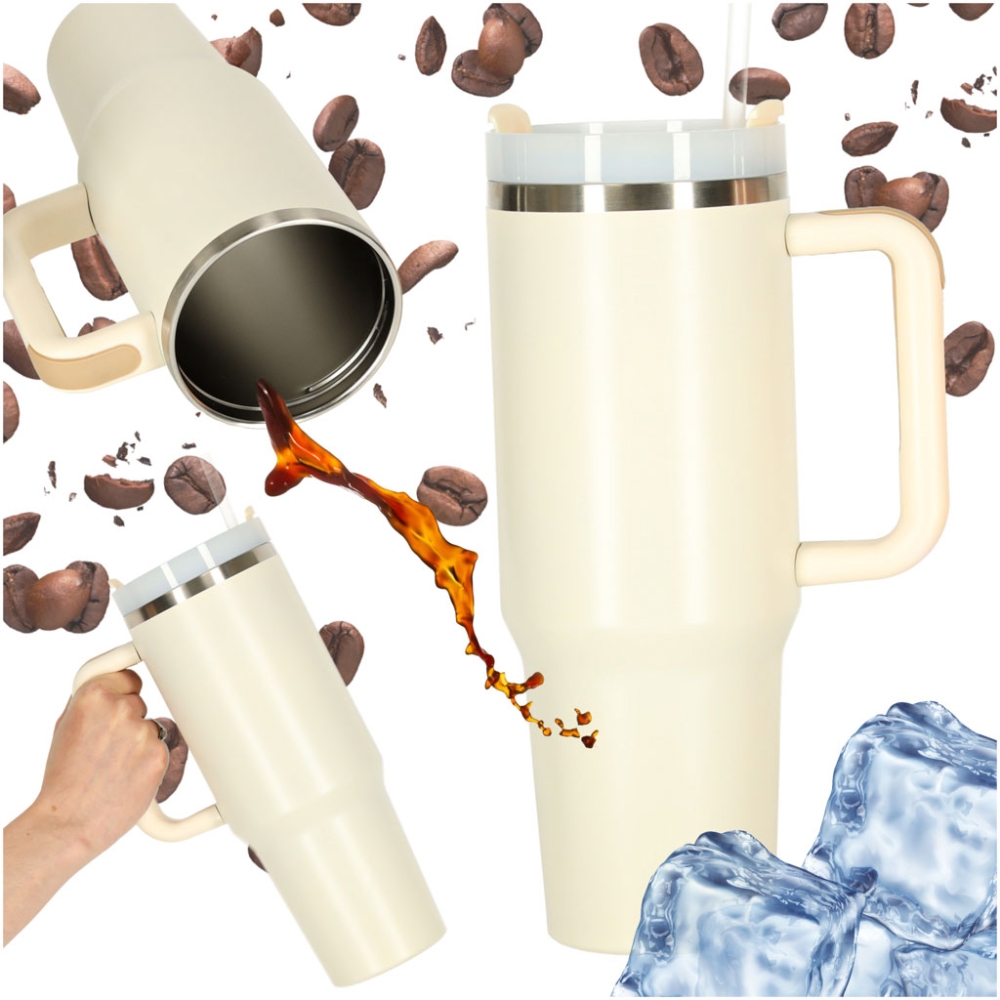 Termo puodelis su šiaudeliu ir rankenėle 1200ml kreminė sp.-Maitinimui, Indai, įrankiai, gertuvės, Puodeliai, gertuvės, Termo in