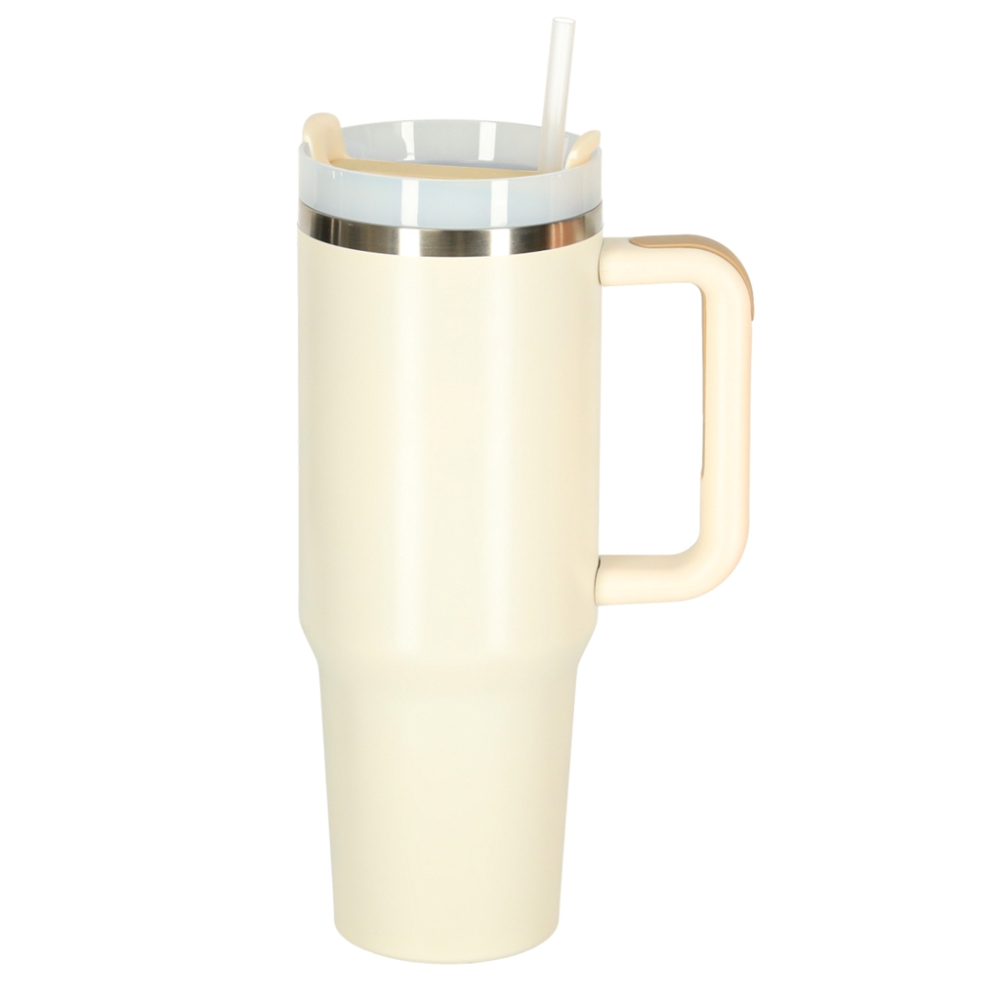 Termo puodelis su šiaudeliu ir rankenėle termosas 1200ml kreminės spalvos