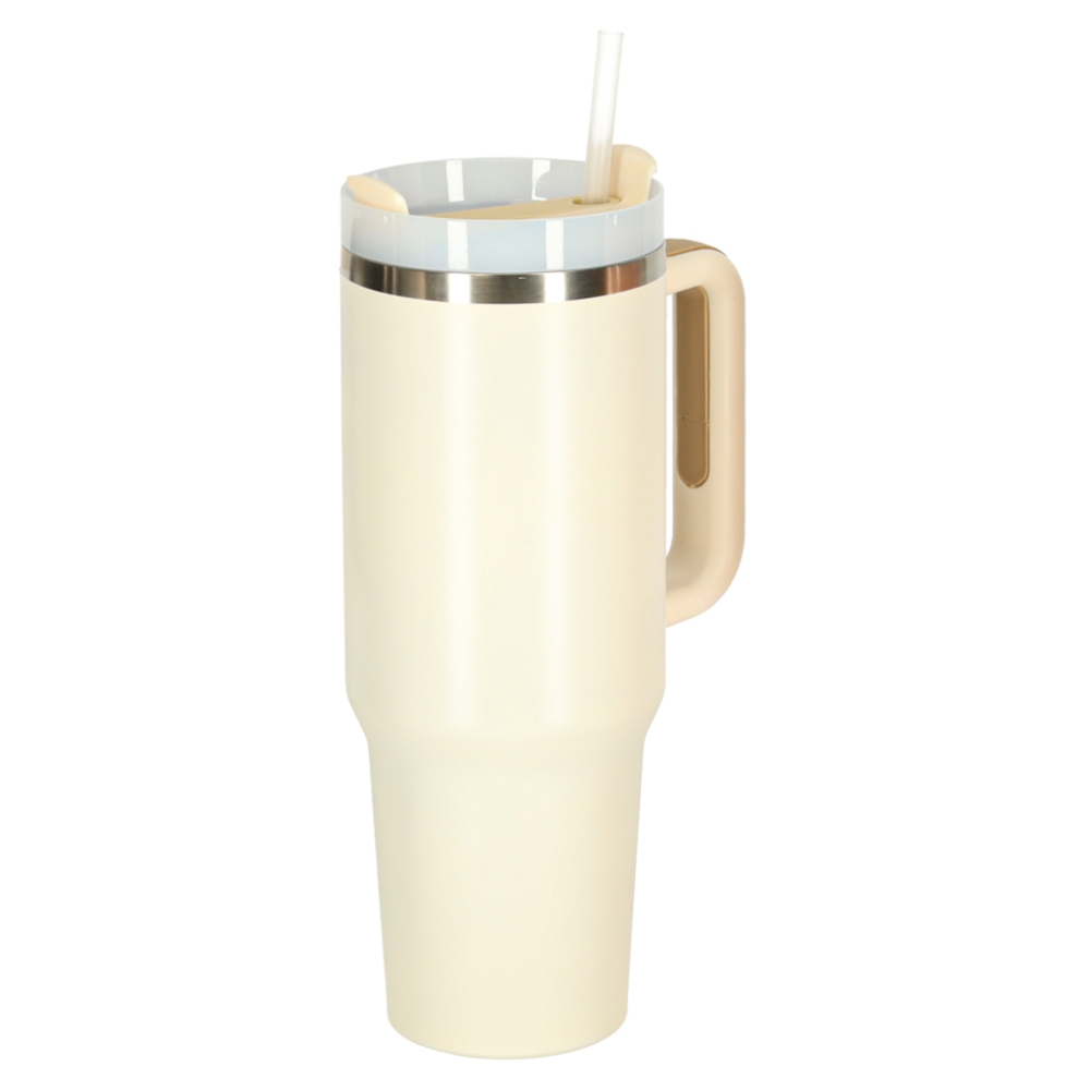 Termo puodelis su šiaudeliu ir rankenėle termosas 1200ml kreminės spalvos