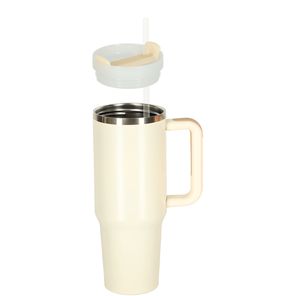 Termo puodelis su šiaudeliu ir rankenėle termosas 1200ml kreminės spalvos
