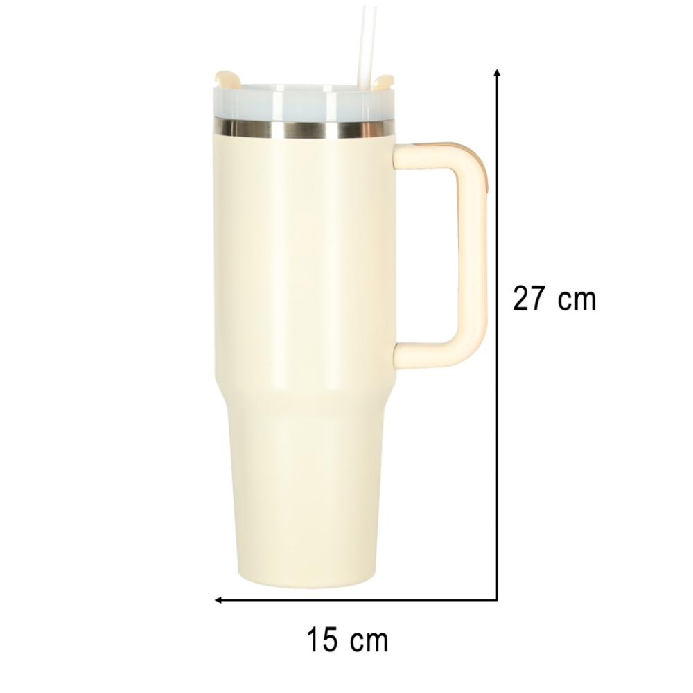 Termo puodelis su šiaudeliu ir rankenėle termosas 1200ml kreminės spalvos