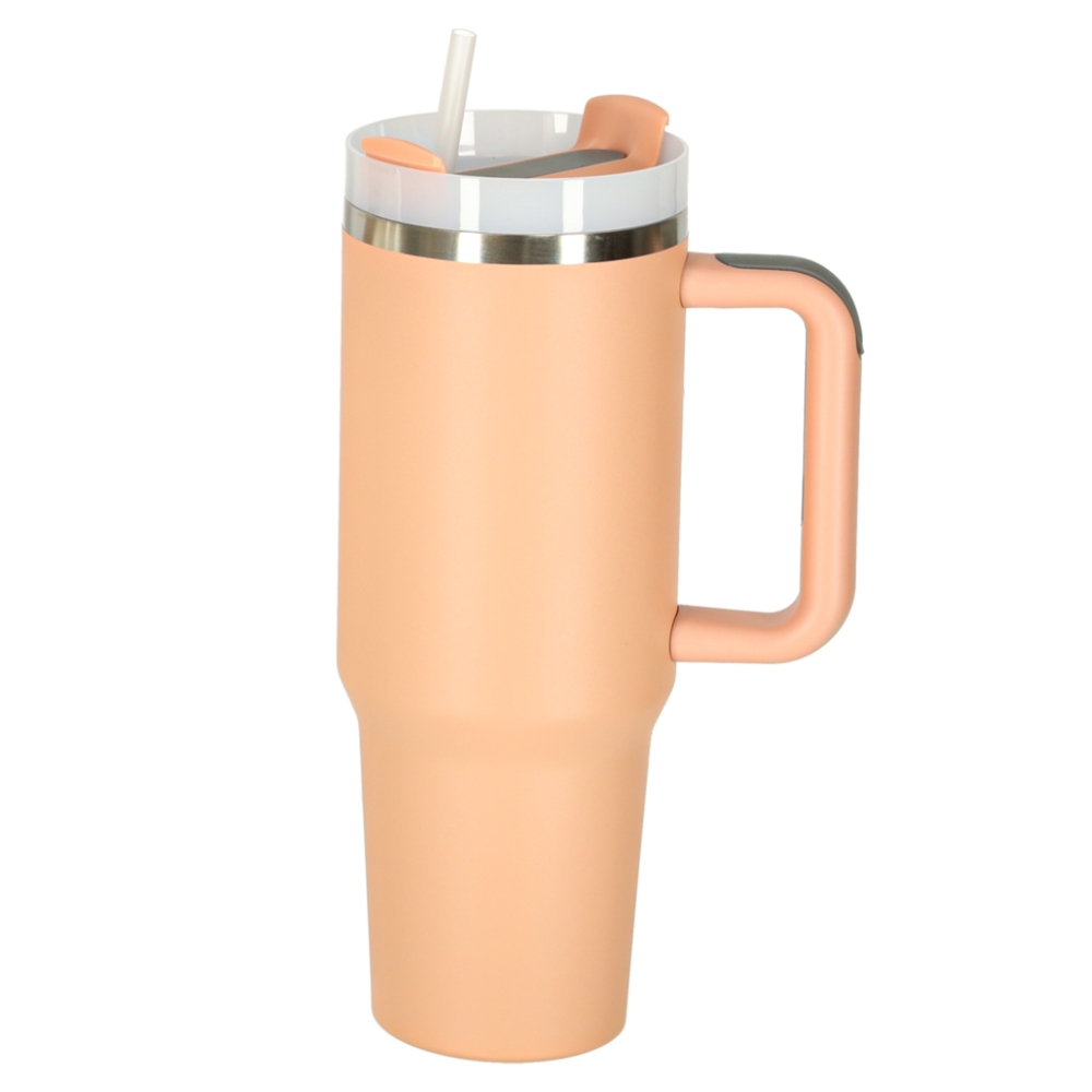 Termo puodelis su šiaudeliu ir rankenėle termosas 1200ml pudros rožinės spalvos