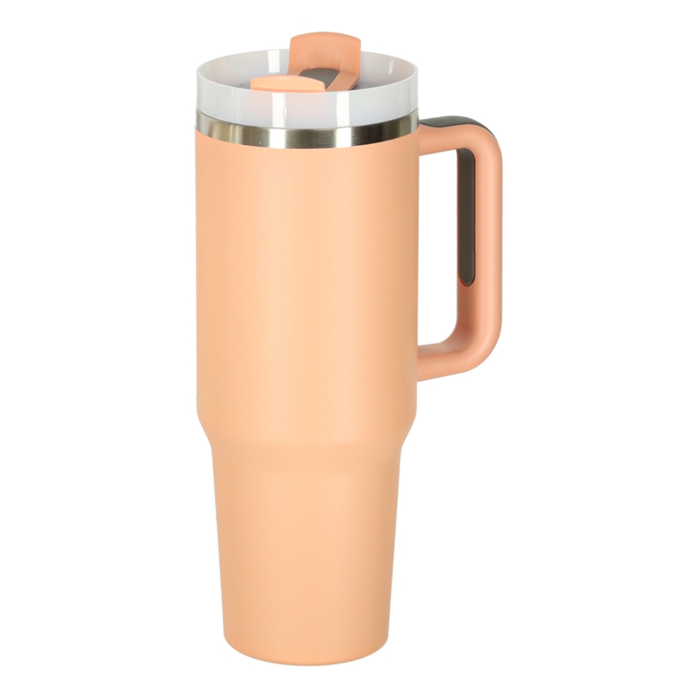 Termo puodelis su šiaudeliu ir rankenėle termosas 1200ml pudros rožinės spalvos