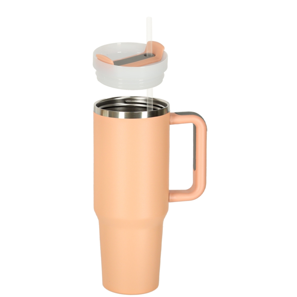Termo puodelis su šiaudeliu ir rankenėle termosas 1200ml pudros rožinės spalvos