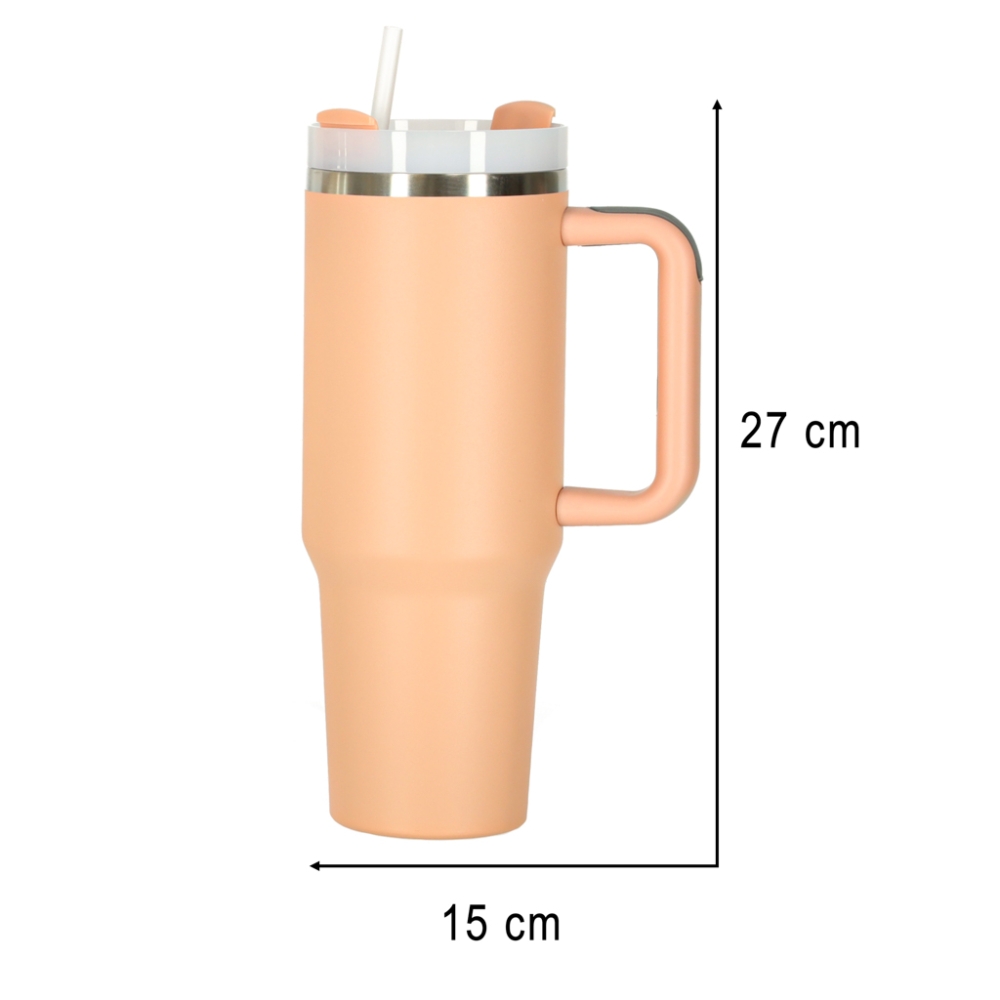 Termo puodelis su šiaudeliu ir rankenėle termosas 1200ml pudros rožinės spalvos