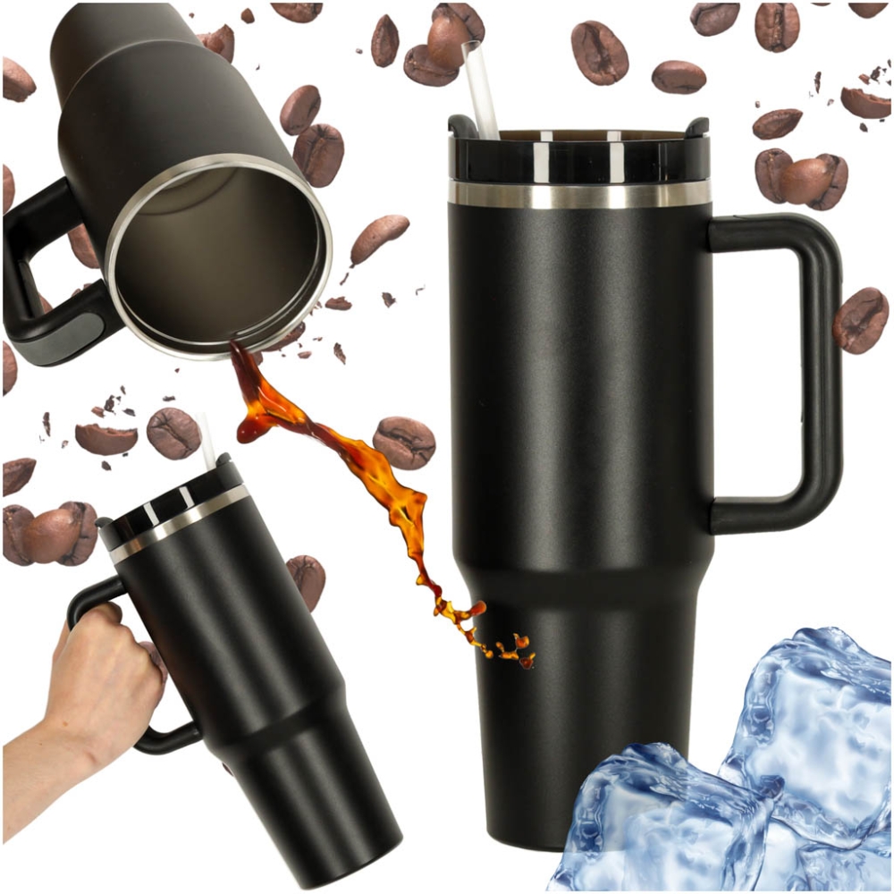Termo puodelis su šiaudeliu ir rankenėle 1200ml juodas-Maitinimui, Indai, įrankiai, gertuvės, Puodeliai, gertuvės, Termo indai-e