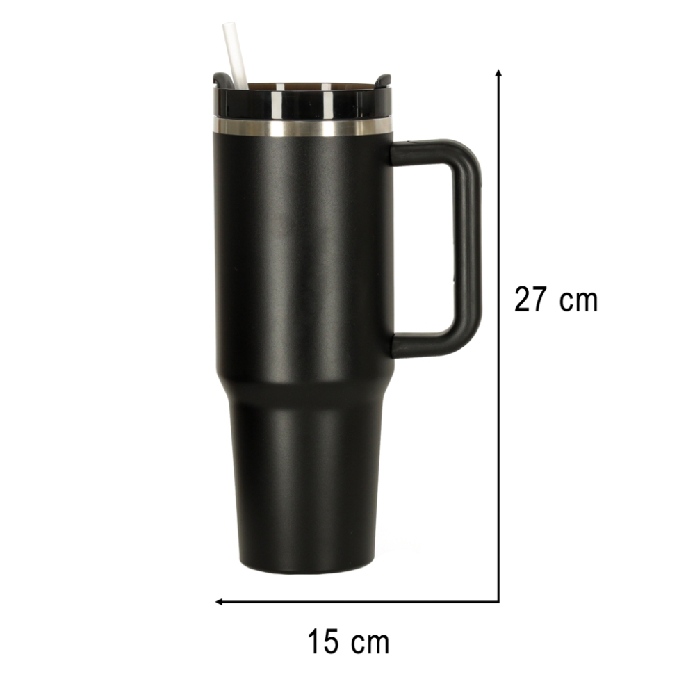 Termo puodelis su šiaudeliu ir rankenėle termosas 1200ml juodas