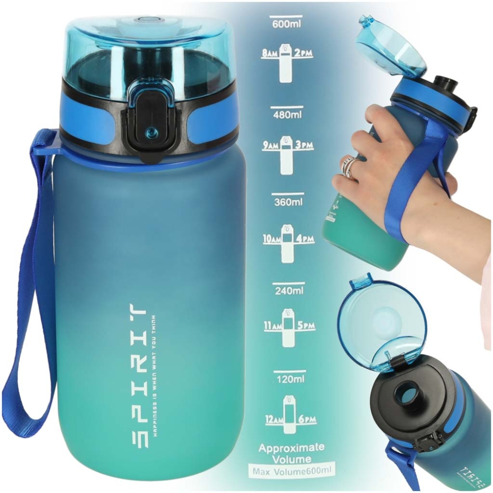 Vandens buteliukas sportinis buteliukas su kandikliu BPA FREE 600ml mėlynai žalios spalvos