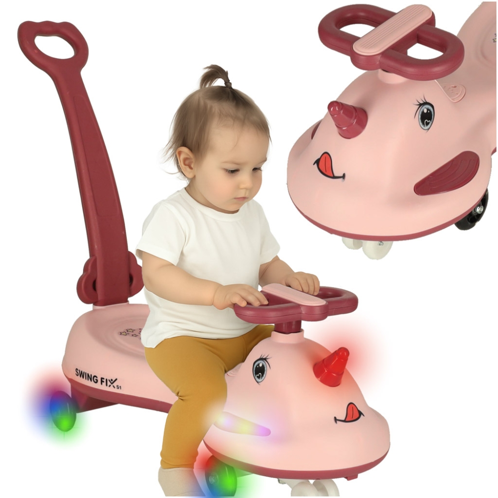 Gravitacinis paspirtukas su rankena LED Swing FIX S1 rožinis max 65kg-Judėjimui, Paspiriamosios mašinėlės ir jų priedai, Paspiri
