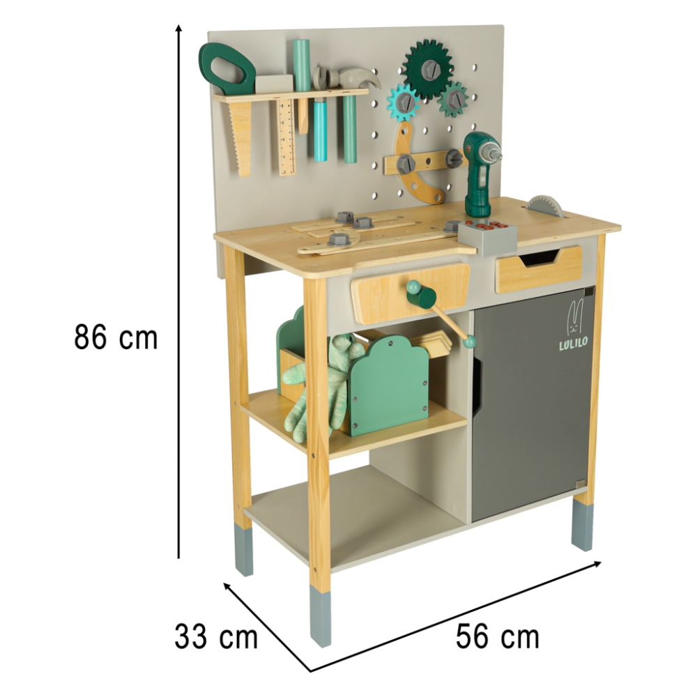 Medinės dirbtuvės LULILO Fikso + įrankių rinkinys, pjūklas, atsuktuvas, garsai 86 cm-Žaislai, Profesijos, buities žaislai, Meist