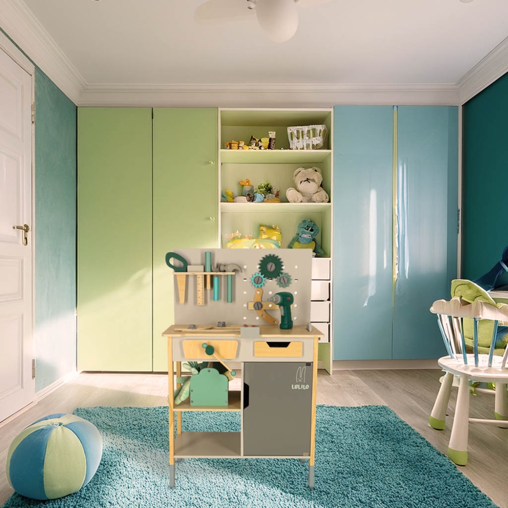 Medinės dirbtuvės LULILO Fikso + įrankių rinkinys, pjūklas, atsuktuvas, garsai 86 cm-Žaislai, Profesijos, buities žaislai, Meist