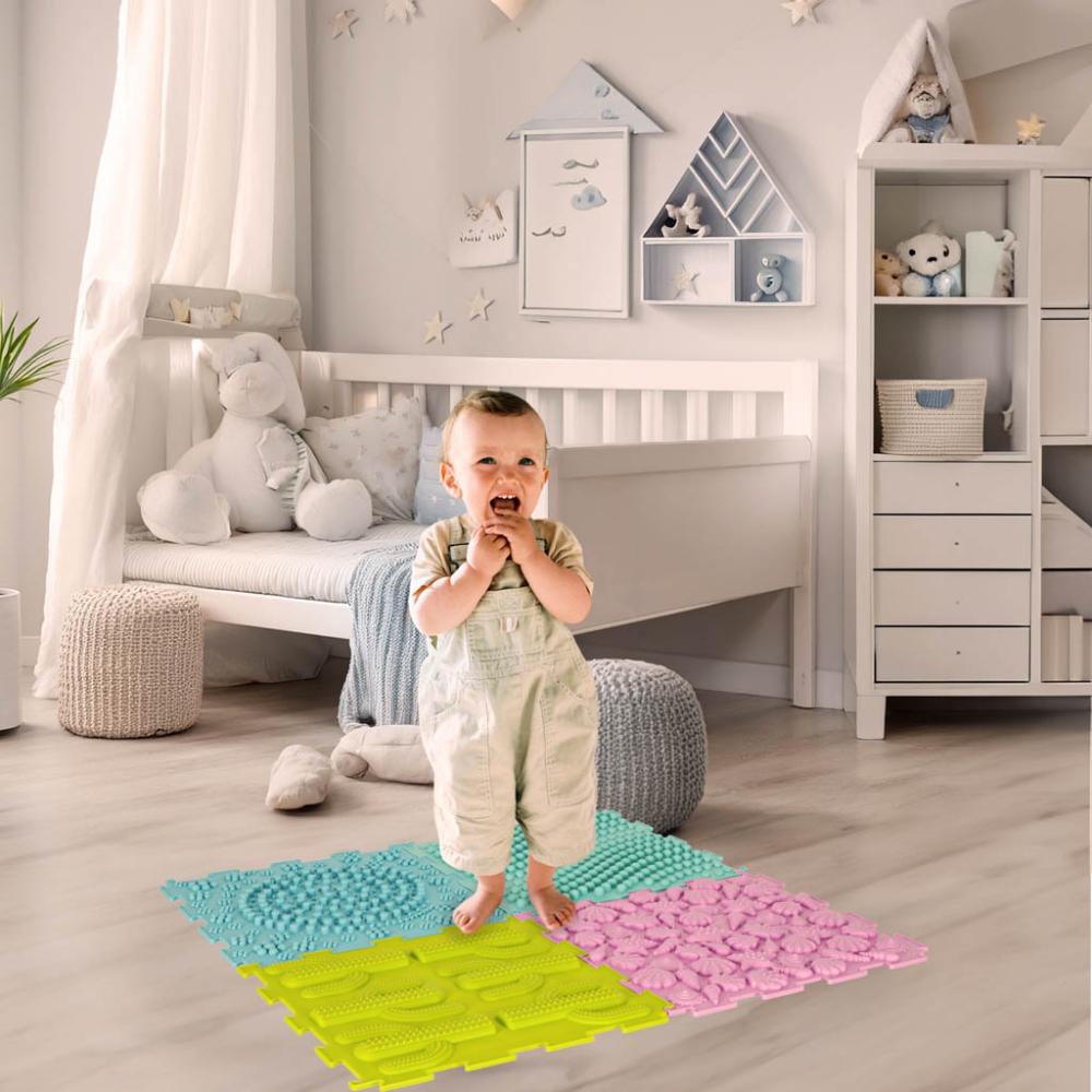 Sensorinis kilimėlis Montessori pėdų masažo dėlionė 8 dalių pastelinės spalvos-Žaislai, Kūdikiams, Lavinamieji kilimėliai, Žaidi
