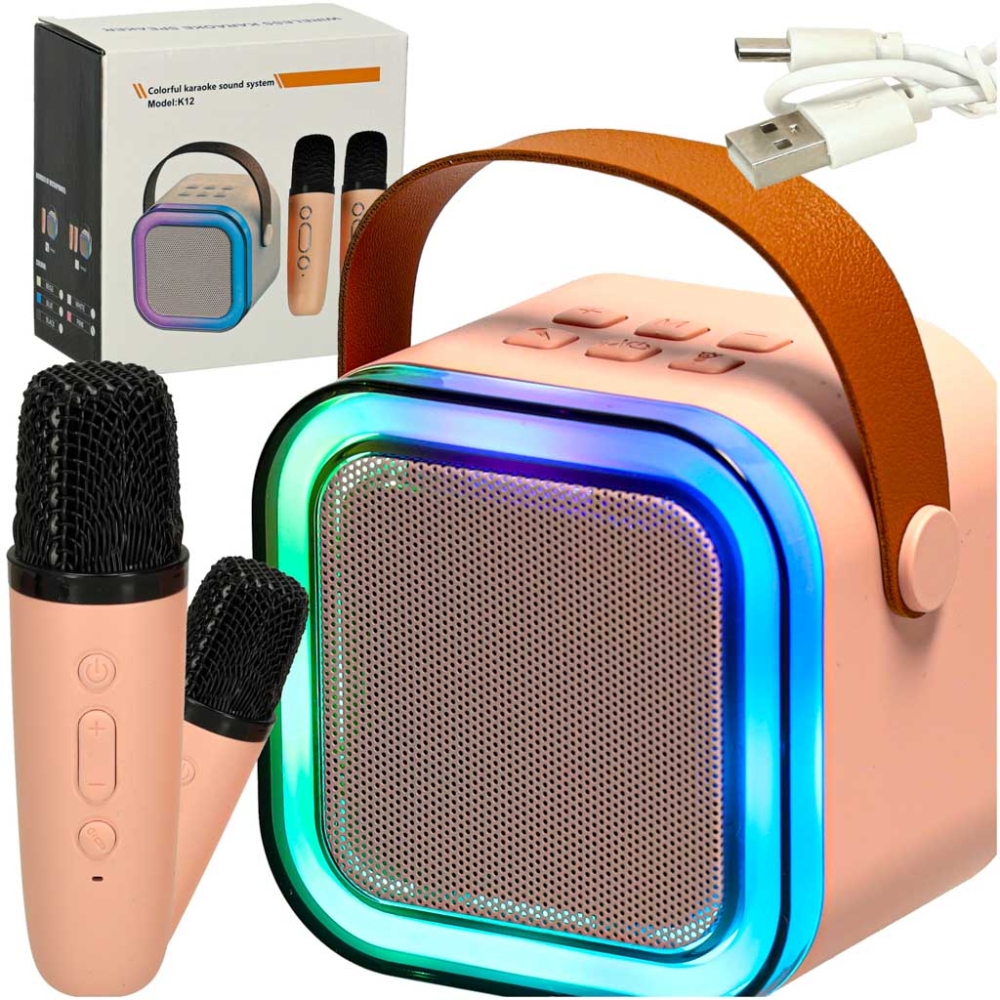 Karaokės rinkinys 2 mikrofonai + nešiojamas garsiakalbis BLUETOOTH USB LED rožinis-Žaislai, Muzikiniai-e-vaikas