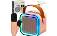 Karaokės rinkinys 2 mikrofonai + nešiojamas garsiakalbis BLUETOOTH USB LED rožinis-Žaislai, Muzikiniai-e-vaikas